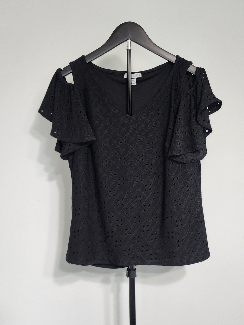 Sam & Jess Black Eyelet Cold Shoulder Top V-Neck Ruffle Sleeve Blouse Size PL
